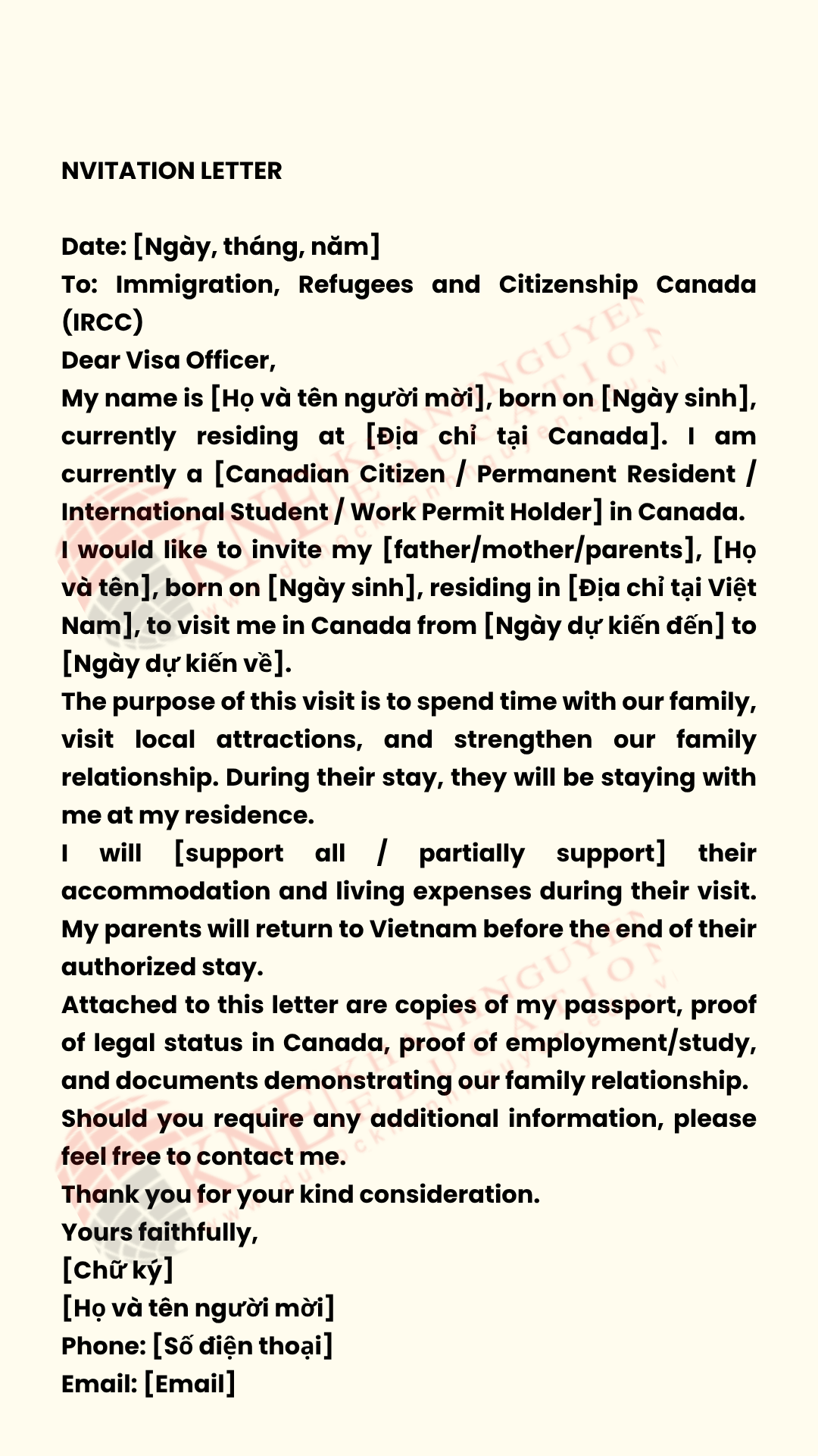 Mẫu thư mời bố mẹ sang Canada
