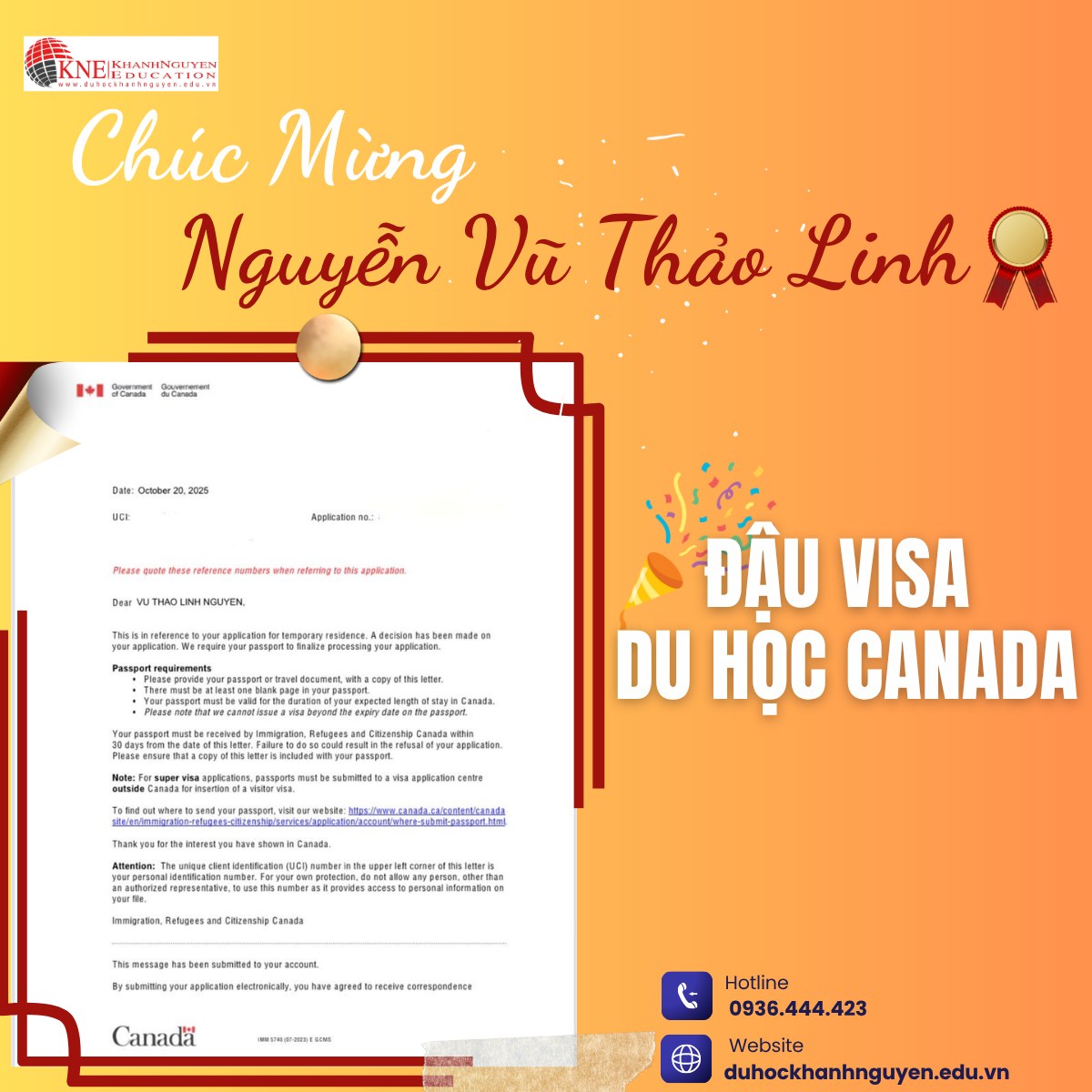 visa du học Canada của Thảo Linh